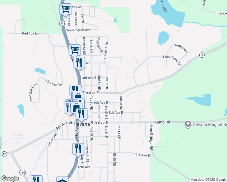map of restaurants, bars, coffee shops, grocery stores, and more near 507 Country Lane in Havana