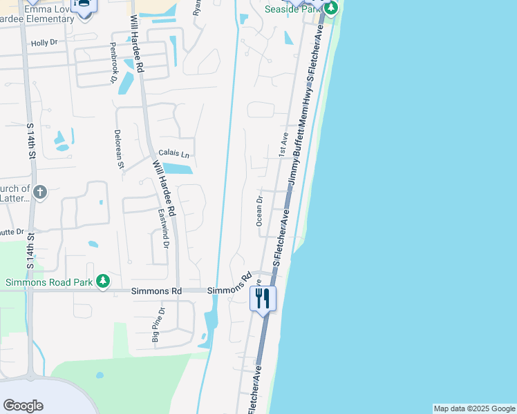 map of restaurants, bars, coffee shops, grocery stores, and more near Ocean Drive in Fernandina Beach