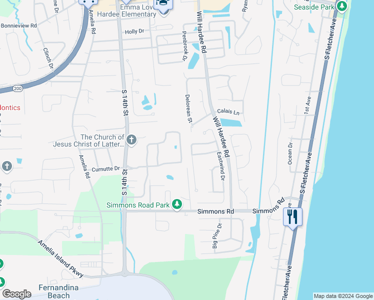 map of restaurants, bars, coffee shops, grocery stores, and more near 2819 Tidewater Street in Fernandina Beach