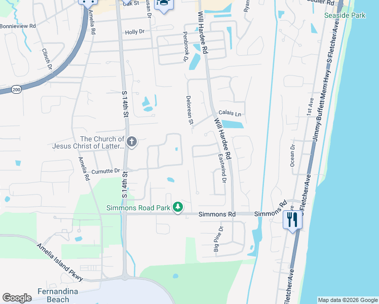 map of restaurants, bars, coffee shops, grocery stores, and more near 2803 Tidewater Street in Fernandina Beach