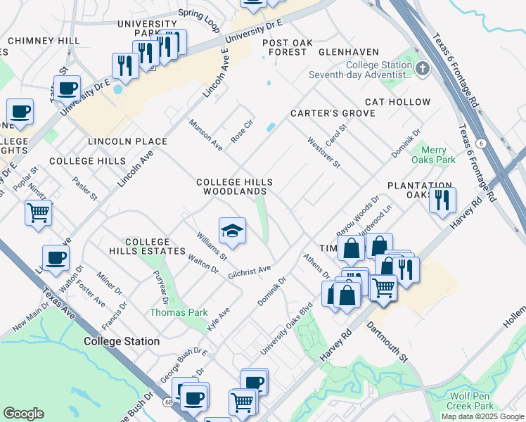 map of restaurants, bars, coffee shops, grocery stores, and more near 901 Munson Avenue in College Station