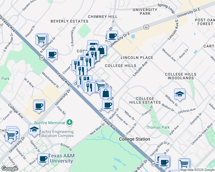 map of restaurants, bars, coffee shops, grocery stores, and more near 401 Ash Street in College Station