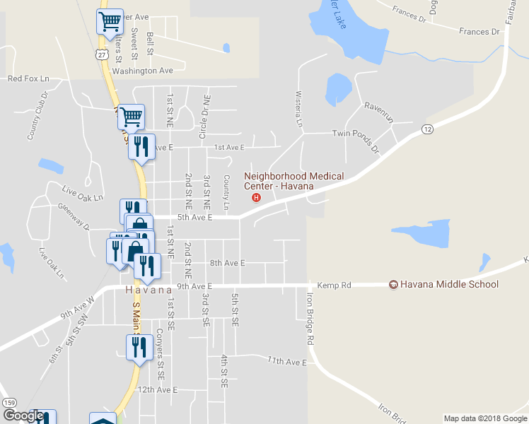 map of restaurants, bars, coffee shops, grocery stores, and more near 80 Cascade Falls Way in Havana