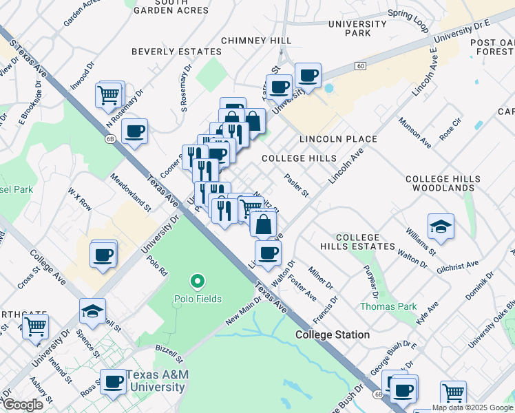 map of restaurants, bars, coffee shops, grocery stores, and more near 401 Ash Street in College Station