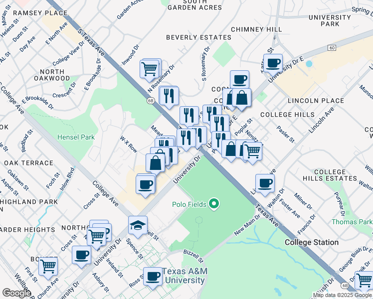 map of restaurants, bars, coffee shops, grocery stores, and more near 1501 Northpoint Lane in College Station
