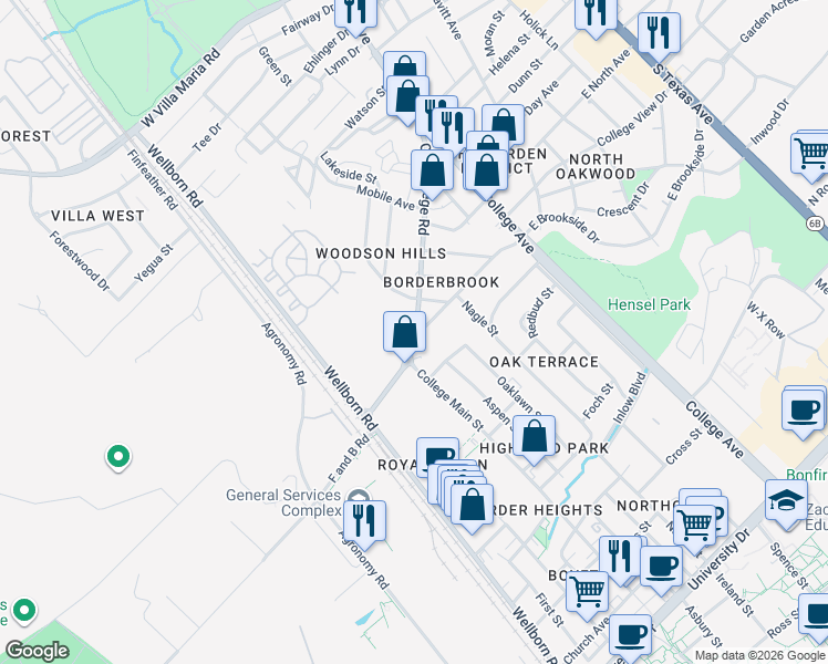 map of restaurants, bars, coffee shops, grocery stores, and more near 4210 Old College Road in Bryan