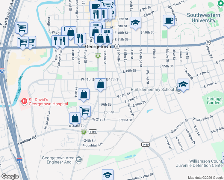 map of restaurants, bars, coffee shops, grocery stores, and more near 1801 Eubank Street in Georgetown