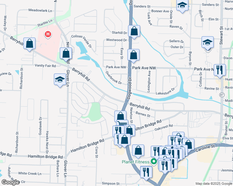map of restaurants, bars, coffee shops, grocery stores, and more near 5330 Overbrook Drive in Milton