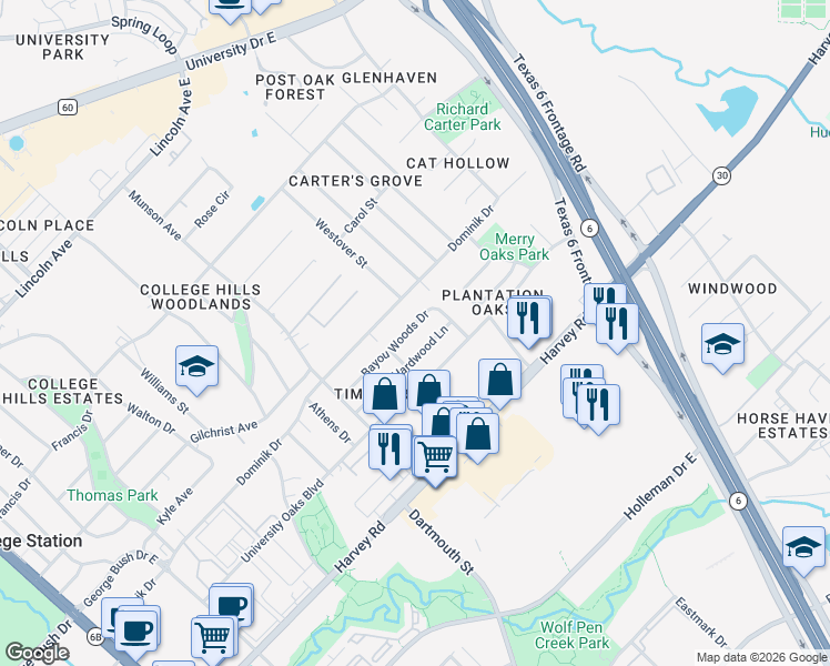 map of restaurants, bars, coffee shops, grocery stores, and more near 1208 Bayou Woods Drive in College Station