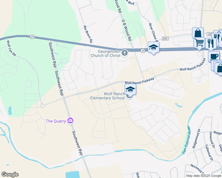 map of restaurants, bars, coffee shops, grocery stores, and more near 108 Blackberry Cove in Georgetown