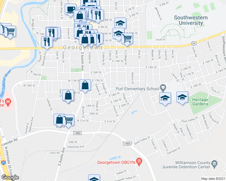 map of restaurants, bars, coffee shops, grocery stores, and more near 402 East 17 1/2 Street in Georgetown