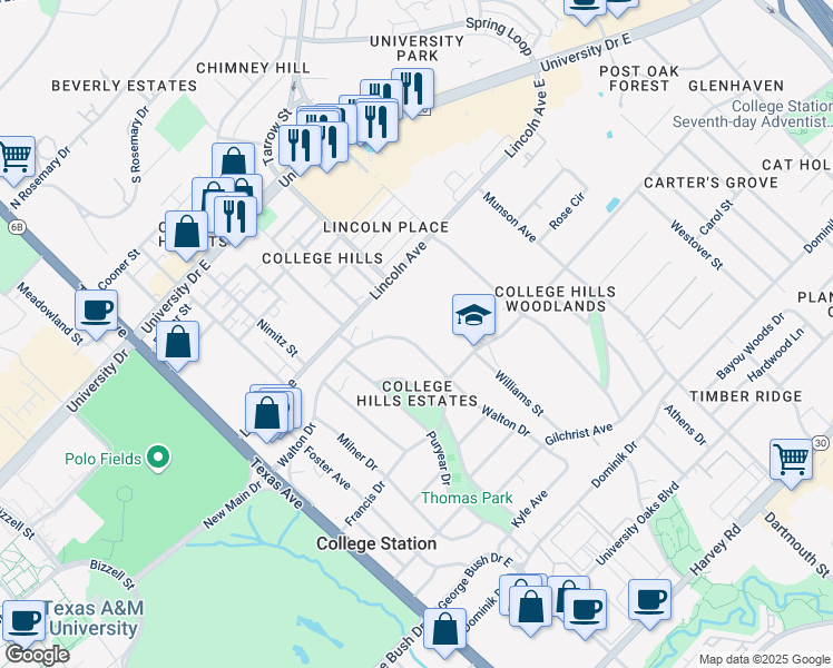 map of restaurants, bars, coffee shops, grocery stores, and more near 1013 Walton Drive in College Station