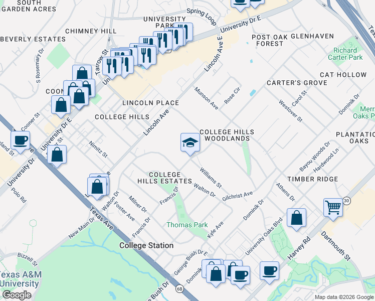 map of restaurants, bars, coffee shops, grocery stores, and more near in College Station