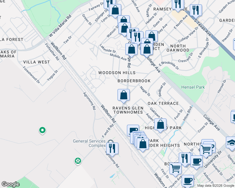 map of restaurants, bars, coffee shops, grocery stores, and more near 4210 Old College Road in Bryan