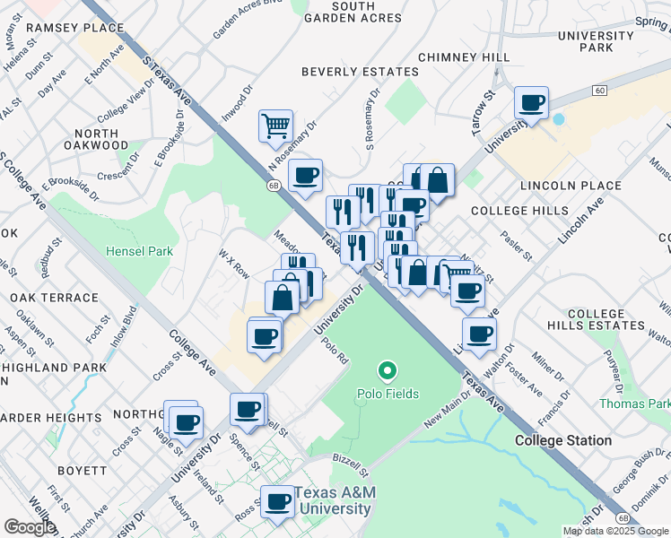 map of restaurants, bars, coffee shops, grocery stores, and more near 1501 Northpoint Lane in College Station