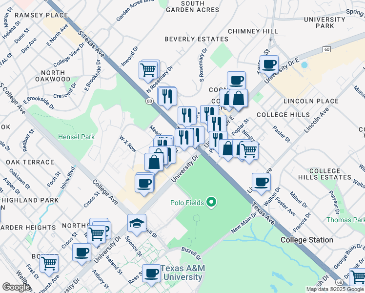 map of restaurants, bars, coffee shops, grocery stores, and more near 1501 Northpoint Lane in College Station
