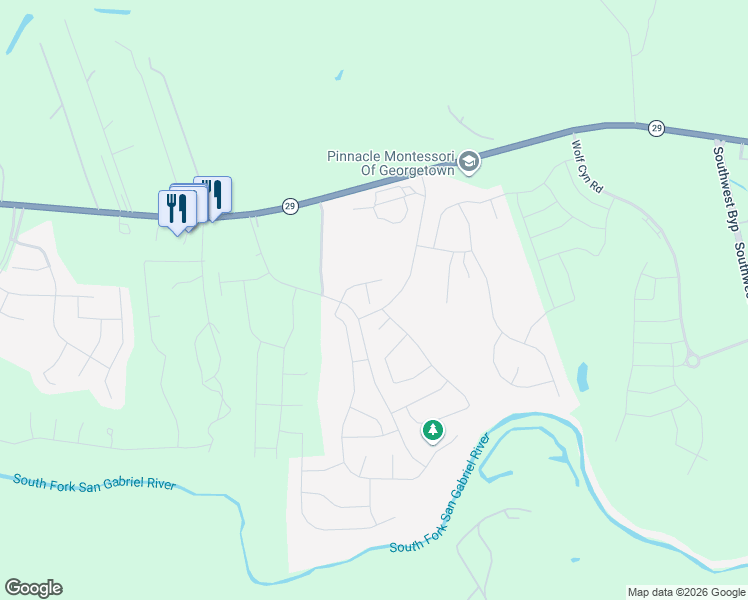 map of restaurants, bars, coffee shops, grocery stores, and more near 1006 Silent Oaks Drive in Georgetown