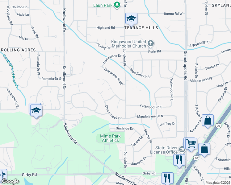 map of restaurants, bars, coffee shops, grocery stores, and more near 5400 Larchmont Drive in Mobile