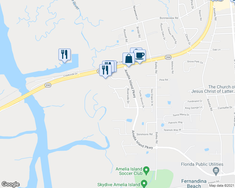 map of restaurants, bars, coffee shops, grocery stores, and more near 123 West Hirth Road in Fernandina Beach