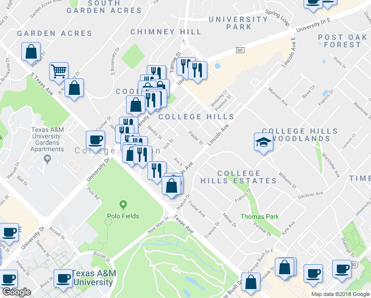 map of restaurants, bars, coffee shops, grocery stores, and more near 313 Lincoln Avenue in College Station
