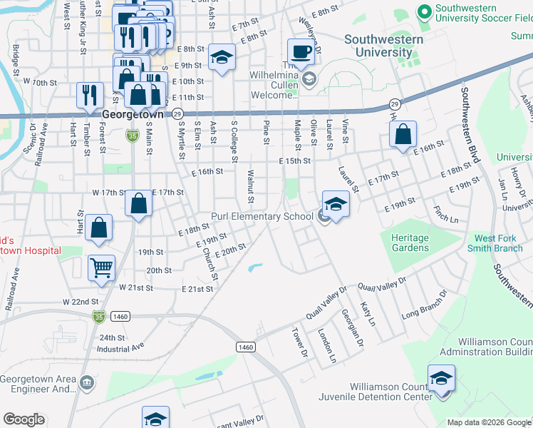 map of restaurants, bars, coffee shops, grocery stores, and more near 800 East 17th Street in Georgetown
