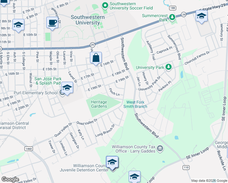 map of restaurants, bars, coffee shops, grocery stores, and more near 111 Finch Lane in Georgetown