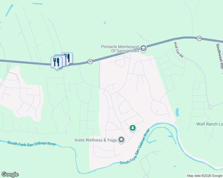 map of restaurants, bars, coffee shops, grocery stores, and more near 1105 Ridge Runner Drive in Georgetown