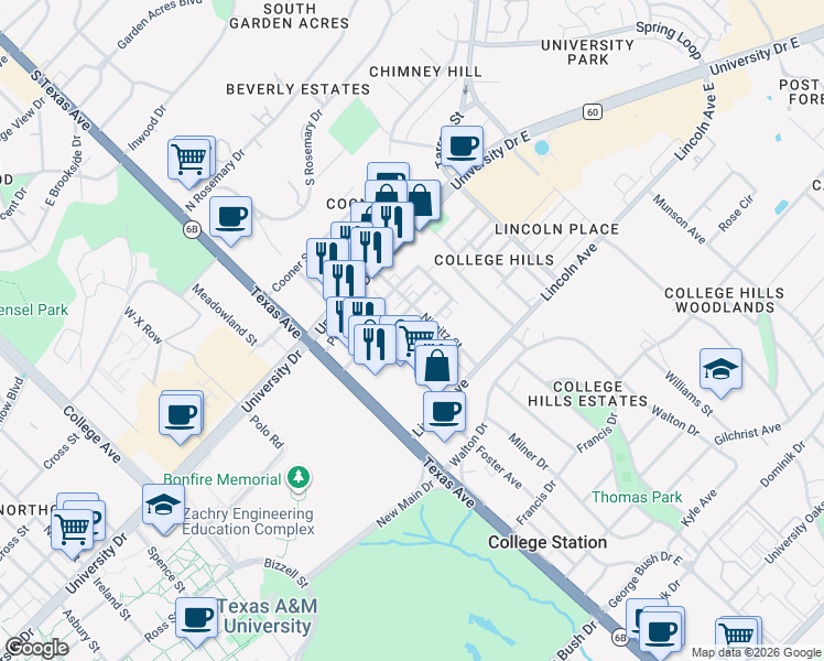 map of restaurants, bars, coffee shops, grocery stores, and more near 301 Live Oak Street in College Station