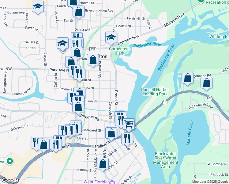 map of restaurants, bars, coffee shops, grocery stores, and more near 5341 Broad Street in Milton