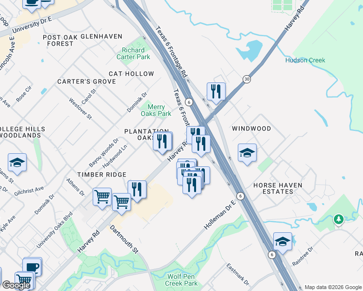 map of restaurants, bars, coffee shops, grocery stores, and more near 1501 Harvey Road in College Station
