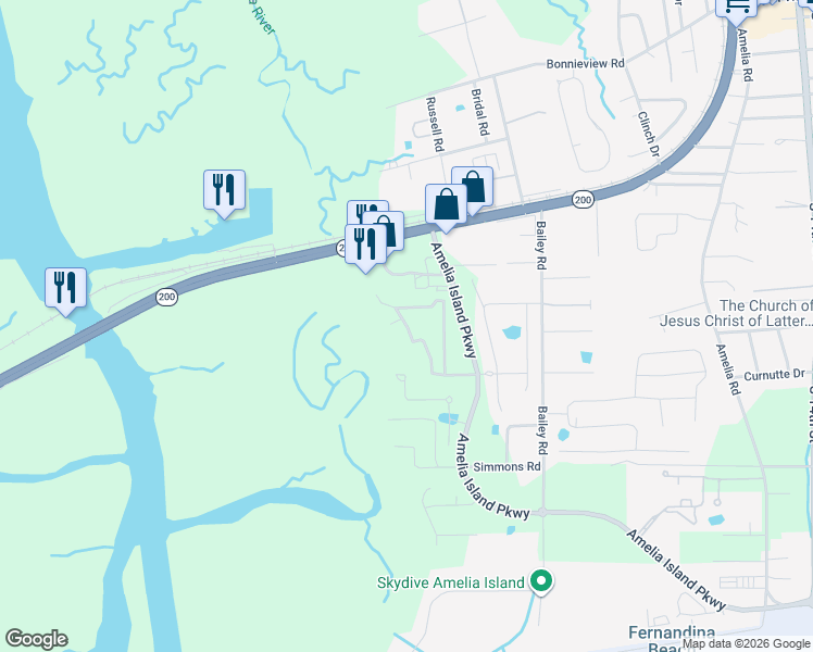 map of restaurants, bars, coffee shops, grocery stores, and more near 123 West Hirth Road in Fernandina Beach