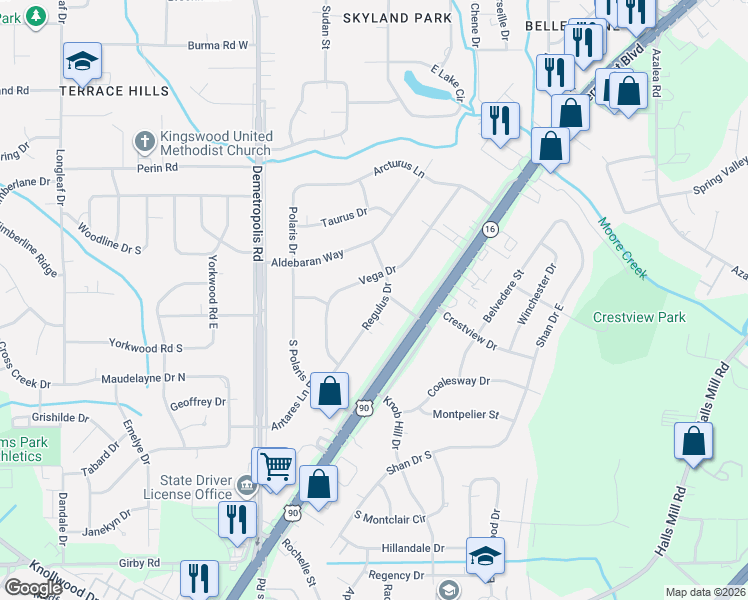 map of restaurants, bars, coffee shops, grocery stores, and more near 1354 Regulus Drive in Mobile