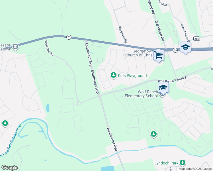 map of restaurants, bars, coffee shops, grocery stores, and more near 109 Rough Creek Road in Georgetown
