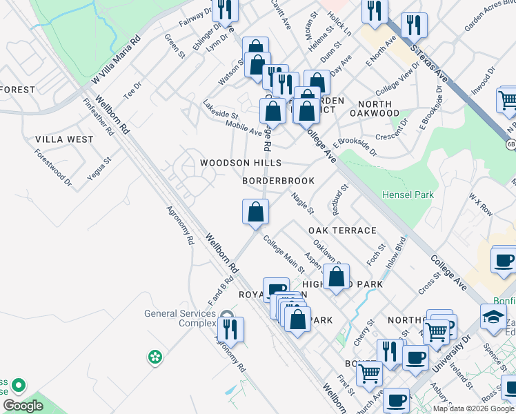 map of restaurants, bars, coffee shops, grocery stores, and more near 4212 Old College Road in Bryan