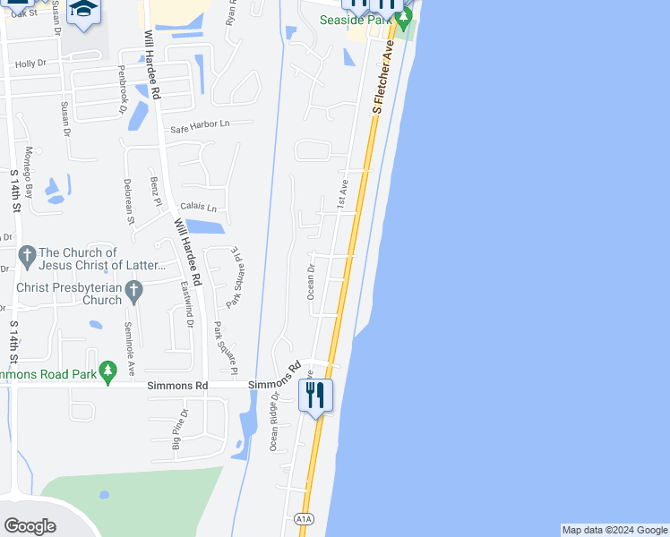 map of restaurants, bars, coffee shops, grocery stores, and more near 2744 1st Avenue in Fernandina Beach