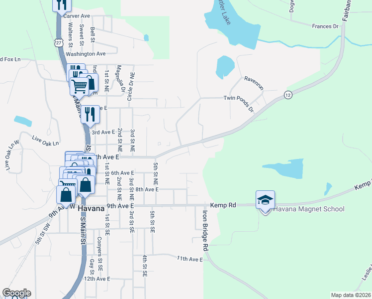 map of restaurants, bars, coffee shops, grocery stores, and more near 10 Cascade Falls Way in Havana
