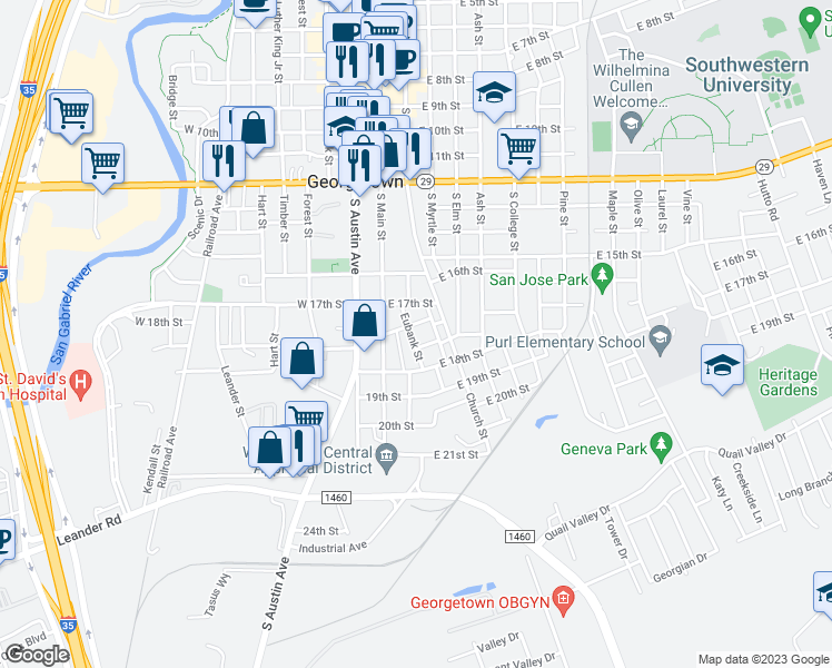 map of restaurants, bars, coffee shops, grocery stores, and more near 1803 Eubank Street in Georgetown