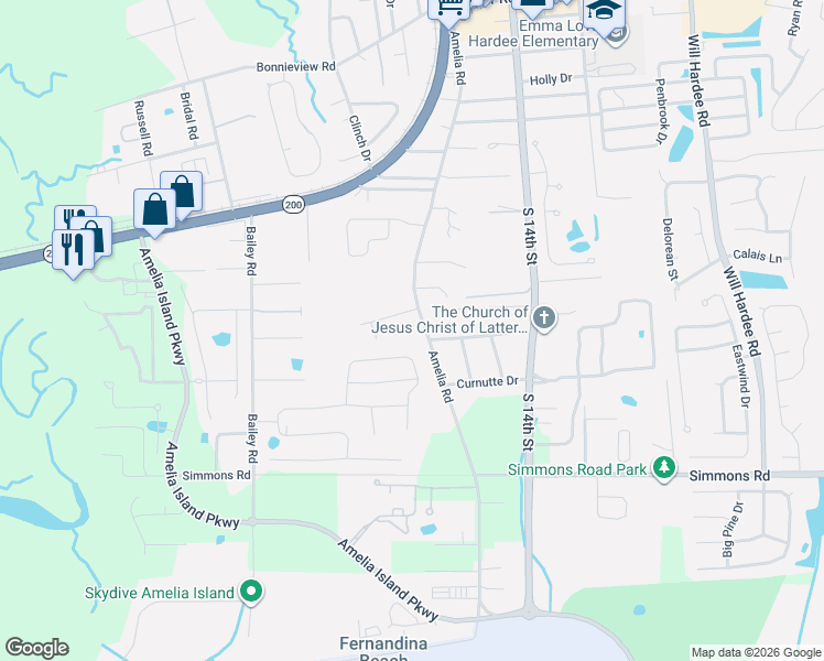 map of restaurants, bars, coffee shops, grocery stores, and more near 765 Gaines Lane in Fernandina Beach
