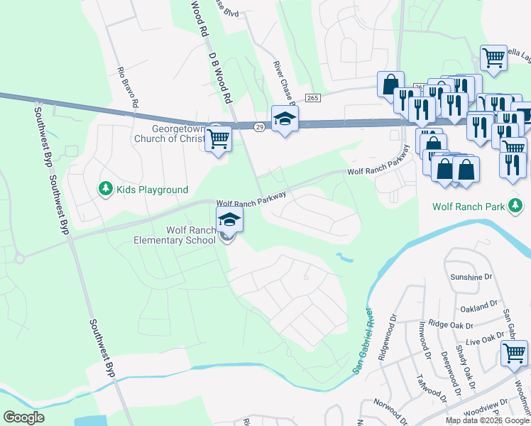 map of restaurants, bars, coffee shops, grocery stores, and more near 112 Arrowhead Mound Road in Georgetown