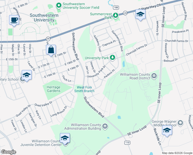 map of restaurants, bars, coffee shops, grocery stores, and more near 2250 Howry Drive in Georgetown