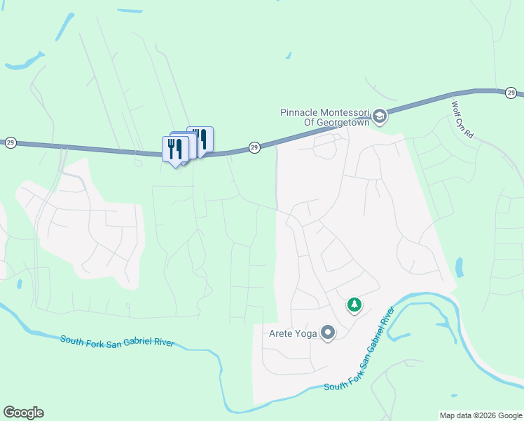 map of restaurants, bars, coffee shops, grocery stores, and more near 3254 West State Highway 29 in Georgetown