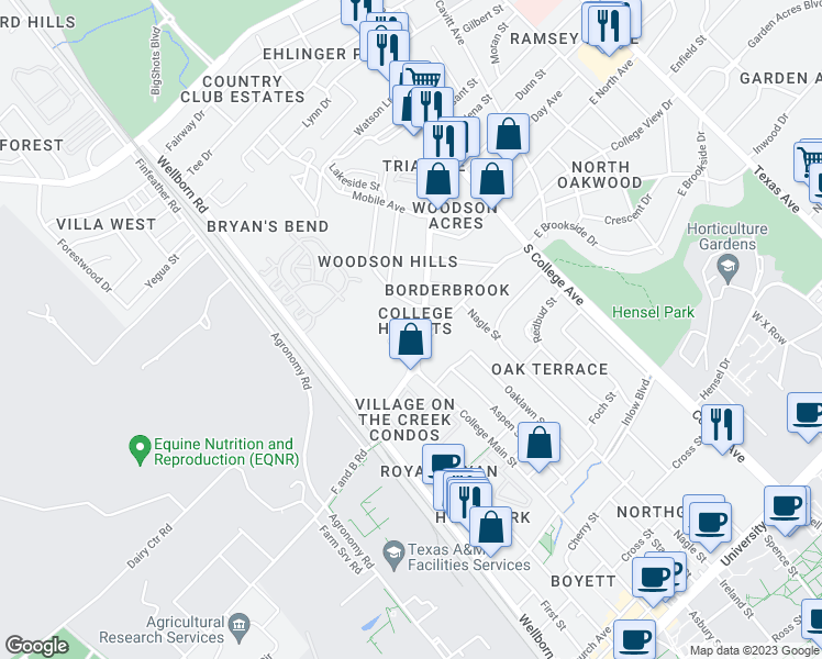 map of restaurants, bars, coffee shops, grocery stores, and more near 4212 Old College Road in Bryan