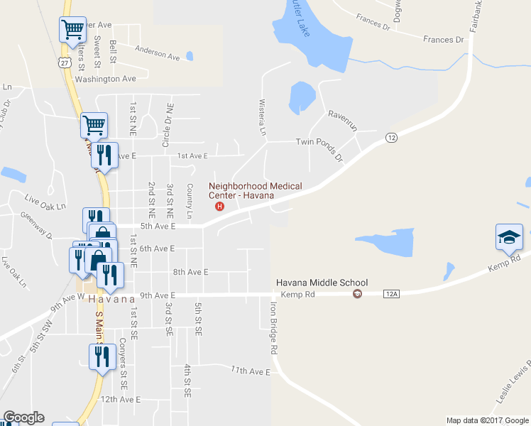 map of restaurants, bars, coffee shops, grocery stores, and more near 16 Cascade Court in Havana