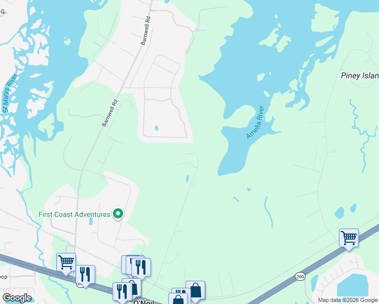 map of restaurants, bars, coffee shops, grocery stores, and more near 96811 O Neil Scott Road in Fernandina Beach