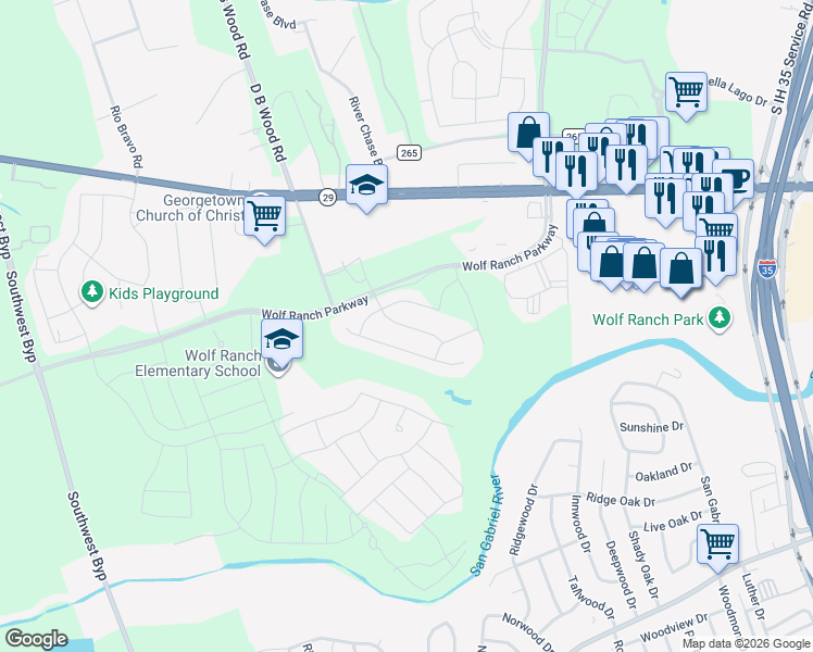 map of restaurants, bars, coffee shops, grocery stores, and more near Pecan Bottom Trail in Williamson County