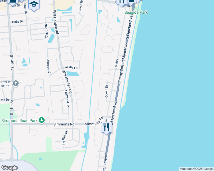 map of restaurants, bars, coffee shops, grocery stores, and more near 2724 Ocean Drive in Fernandina Beach