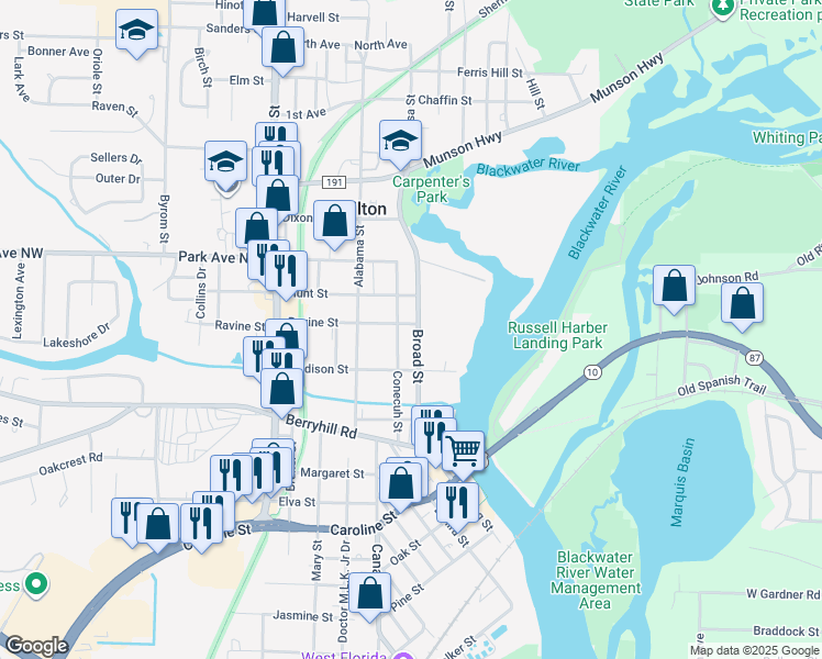 map of restaurants, bars, coffee shops, grocery stores, and more near 5341 Broad Street in Milton