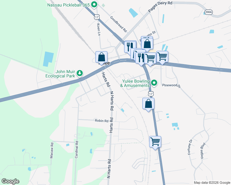map of restaurants, bars, coffee shops, grocery stores, and more near 85926 Harts Road in Yulee