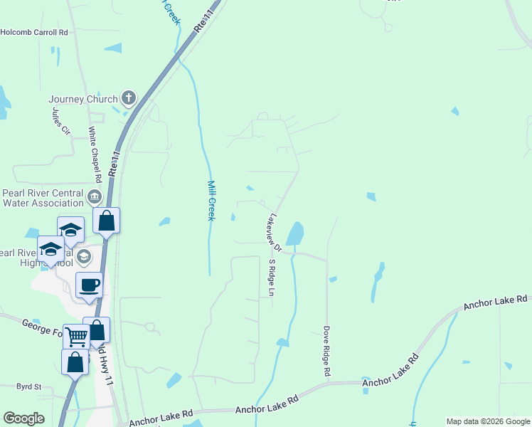 map of restaurants, bars, coffee shops, grocery stores, and more near 1-19 West Ridge Lane in Carriere