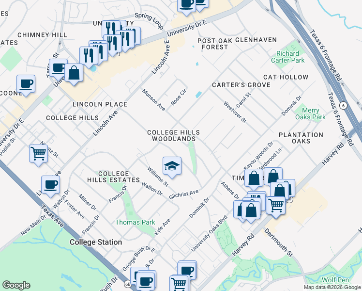 map of restaurants, bars, coffee shops, grocery stores, and more near 1110 Marsteller Avenue in College Station